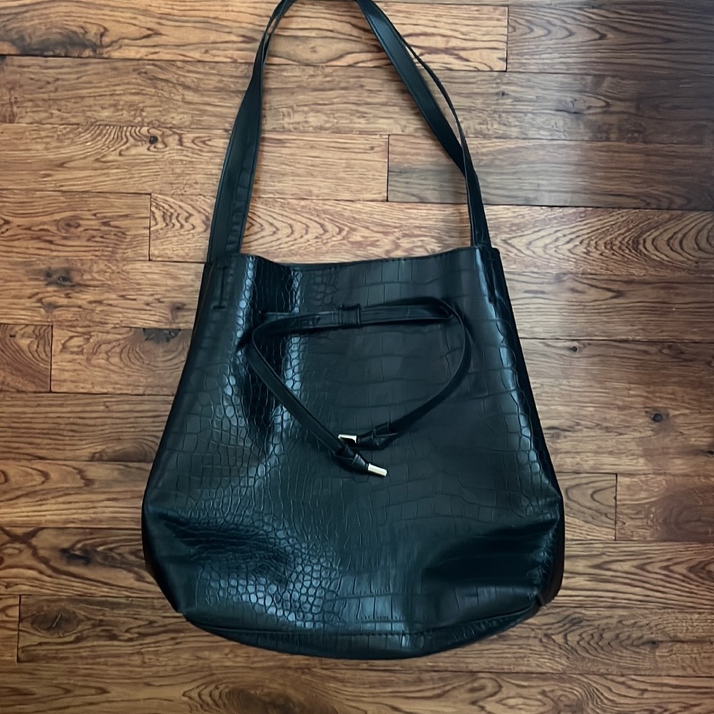 H&M Black Faux Croc Shoulder Drawstring Closure Bag